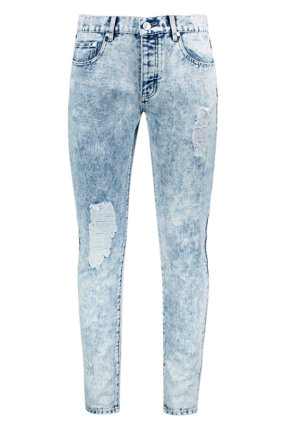 Skinny Fit Acid Wash Jeans with Distressing | boohoo